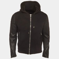 Givenchy Black Neoprene and Leather Hooded Bomber Jacket M