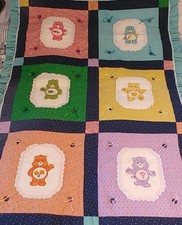 Vintage Care Bears Quilt Blanket Cross Stitch Bears 66" X 46.5" Handmade