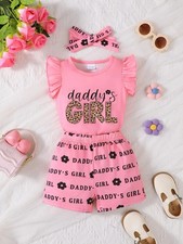 Headband Letter Ruffle Sleeve Top and Shorts 3-Piece Set