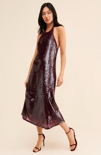 Astrid If By Sea Halter Neck Sleeveless Long Maxi Dress Burgundy Sequin XL