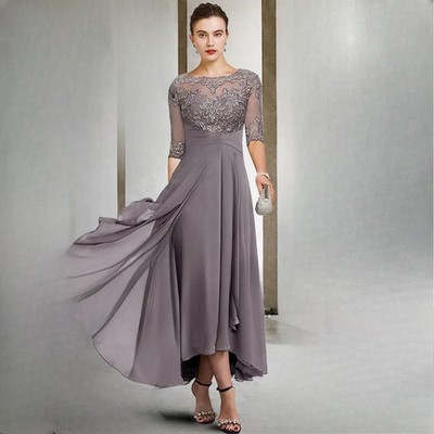 Classic Lace Mother of the Bride Dresses High Low O Neck Ball Gowns 3/4 Sleeves