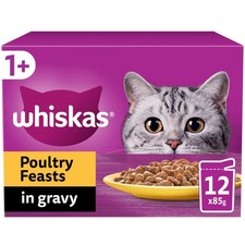 96 x 85g Whiskas 1+ Poultry Feasts Mixed Adult Wet Cat Food Pouches in Gravy 4.61 per kilo