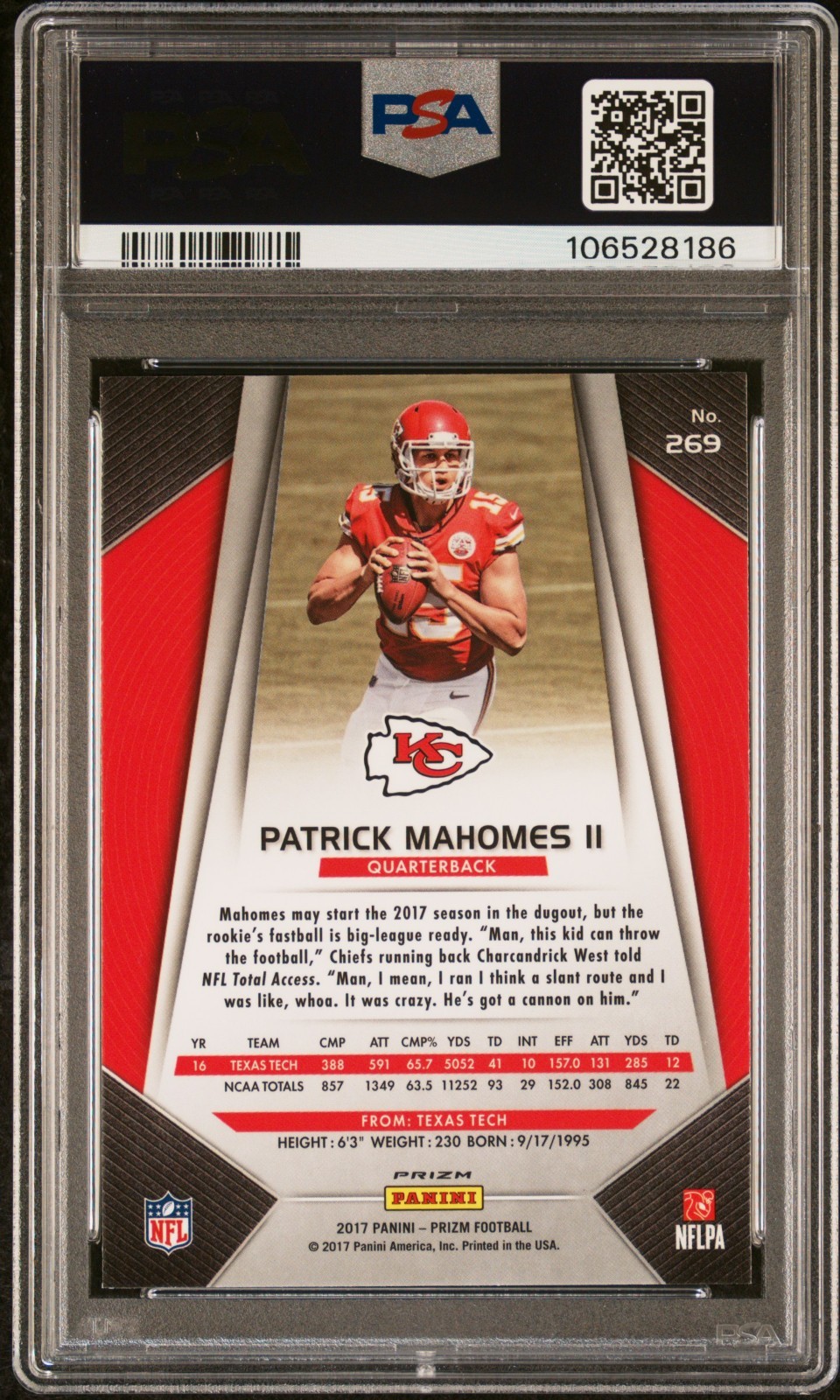 PATRICK MAHOMES SIGNED 2017 PANINI SILVER PRIZM ROOKIE #269 RC PSA 8 AUTO 10 view 2