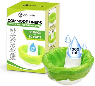 XSHIELD Double Dragon 50 Commode Liners with 50 Absorbent Pads | Disposable Toilet Bags