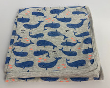 New Carters Grey And Blue Whale Print Cotton Knit Baby Receiving Swaddle Blanket