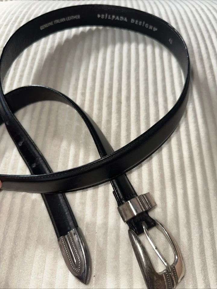 Silpada Jewelry Designs 42” Black Leather Belt Silver Accents Italian Leather L - Image 2 of 4