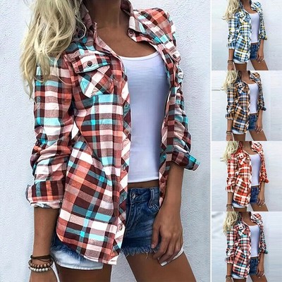 Damen Kariert Langarm Bluse Karohemd Oberteile Langarmshirt Freizeit Tops .*