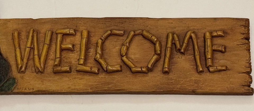 Винтажный 2000 Al PISANO искусственного дерева / бамбука панда приветственный знак ручной отливки 6 «x 18» ~ США - Изображение 3 из 4