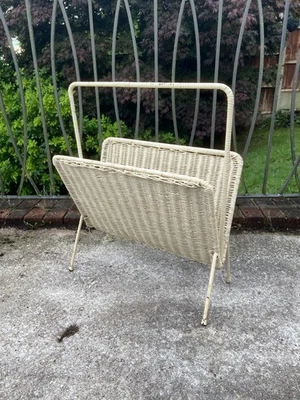 Vintage White Wicker Magazine Rack Metal Frame - Image 1 of 4