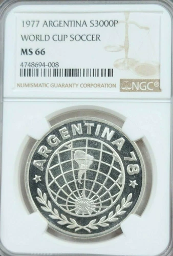 1977 ARGENTINA SILVER 3000 PESOS S3000P WORLD CUP SOCCER NGC MS 66 GEM BU BEAUTY