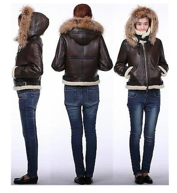 Women's B3 RAF Flying Bomber Jacket - Fur Hooded Real Sheep Leather Pilot Coat - Image 2 of 3