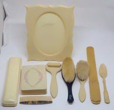 Vintage Lot of 8 Celluloid Vanity Mixed Set, Photo frame, Brush, Box, Roller and