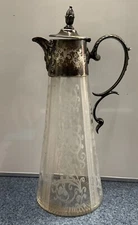 Antique tall lidded Jug, hand etched glass Pitcher 19c