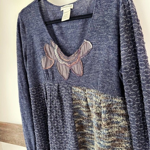 Farinelli Strickkleid Blumen Applikation Artsy Boho Style L grau blau Tunika - Bild 2 von 8
