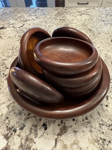 Haitian Wooden Bowl & 8 Serving Bowls Vintage Made in Haiti Rich Dark Brown - Picture 4 of 15