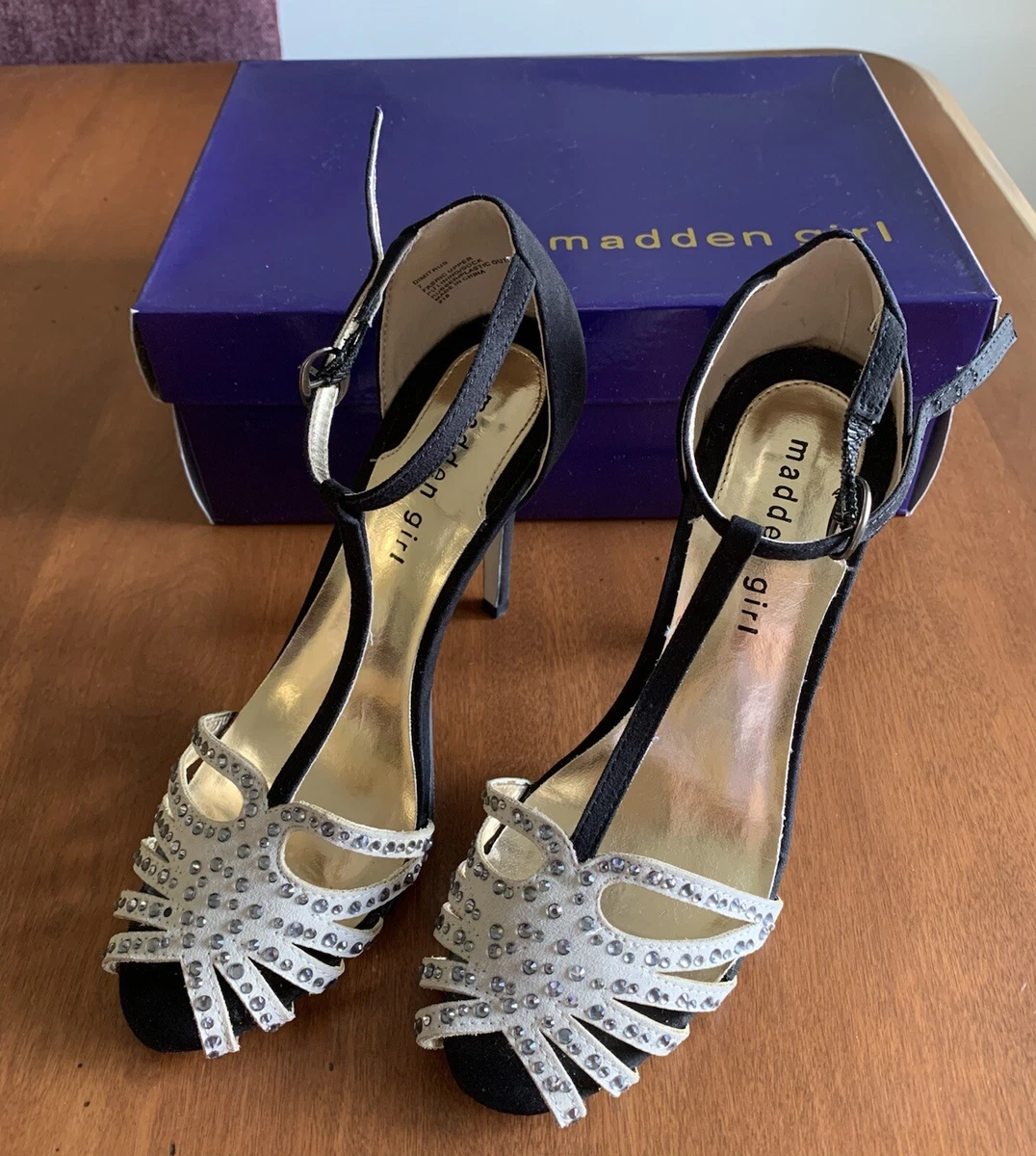 Madden Girl Rhinestone Embellished Black Tan Open Toe T Strap Glam Heels Size 7