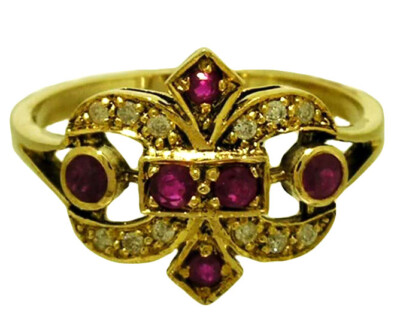 R291 Genuine 9K or 14K Solid Gold Natural Ruby & Diamond Fleur-De-Lis Ring yr sz