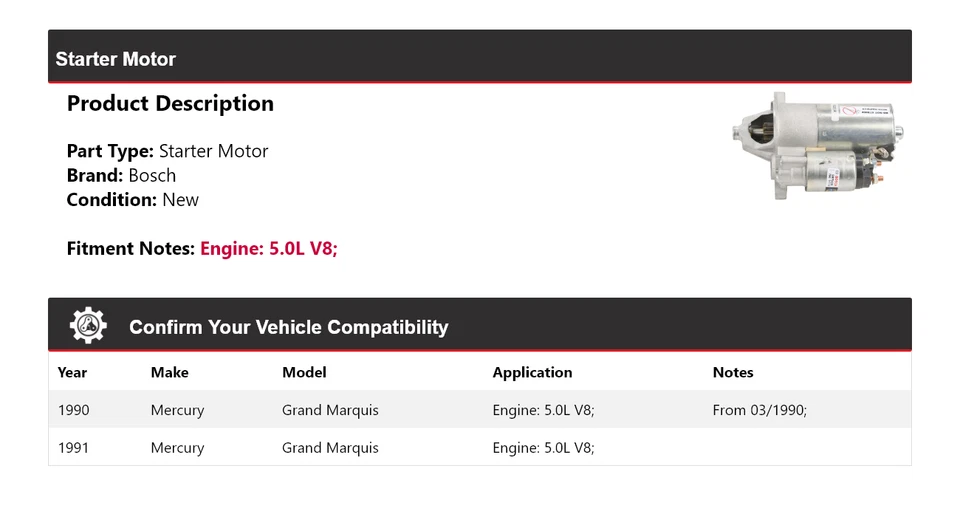 Motor De Arranque Bosch V8 5,0 L Mercury Grand Marquis 1990-1991 (Nuevo) Foto 2 de 4