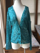 NWT Chico's Charming Cheetah Teal Blue Charlene Cardigan Sweater 2 M L