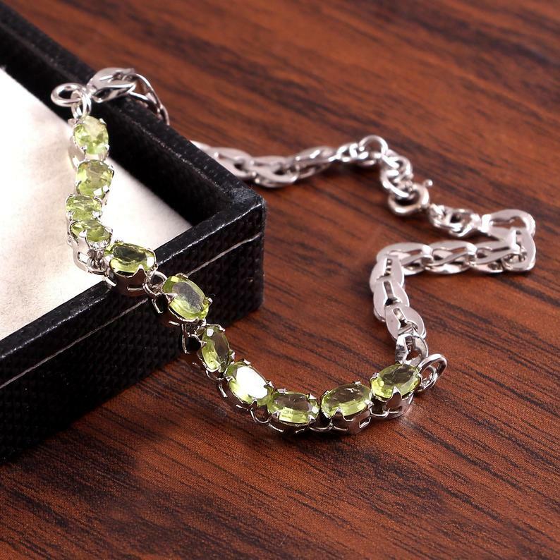 Silver Peridot Bracelet Natural Peridot Link Bracelet Peridot