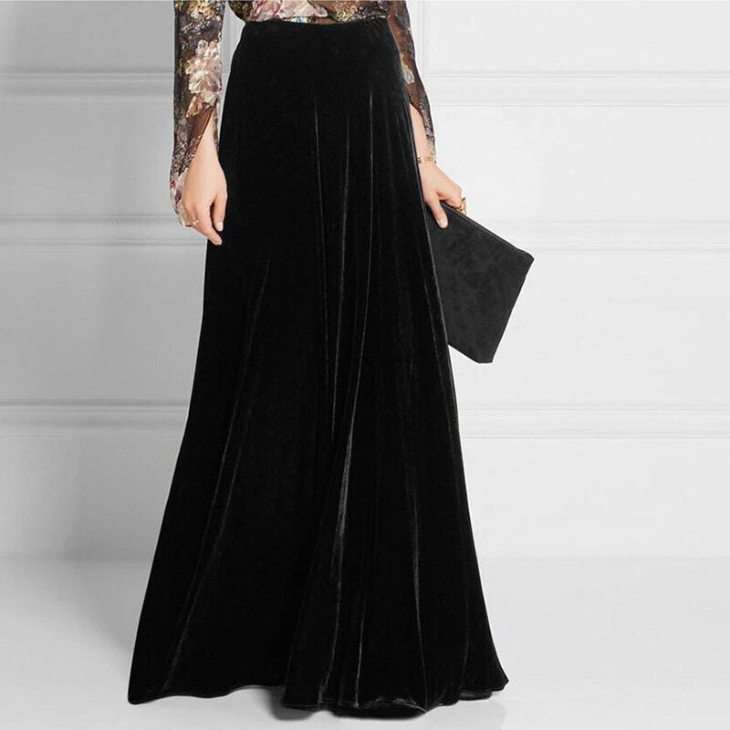 Womens Casual Loose A Line Skirts Fashion Velvet High Waist Slim Fit Maxi Dress