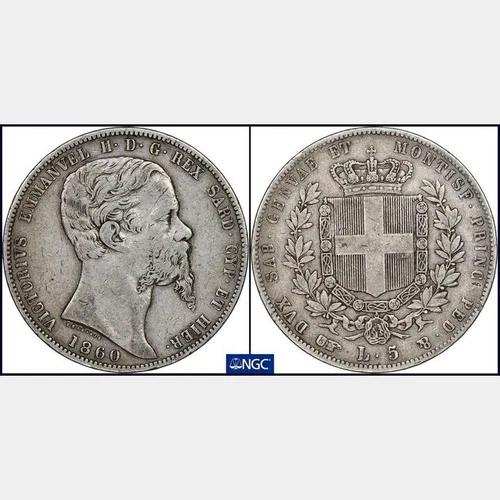 1860 B Eagle Italy 5 Lira. Sardinia. NGC VF 35. KM-144.2. Key Date, RARE!