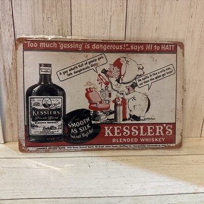 KESSLER'S BLENDED WHISKEY PRIVATE SMOOTH AS SILK METAL TIN SIGN Bar Liquor Decor