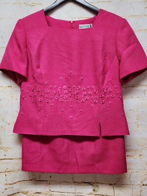 Vintage Kasper For ASL Skirt Suit Sz 14P Pink Two Piece Set Embroidered