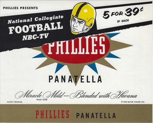 1959 Phillies Panatella Cigar Box Label Sponsoring National NCAA Football NBC-TV