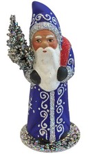 Schaller Paper Mache Candy Container - Santa Blue with Silver Stars - 5.25"H x 2