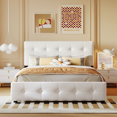 Queen Size Linen Upholstered Platform Bed With Headboard 4 Storage Drawers Slats