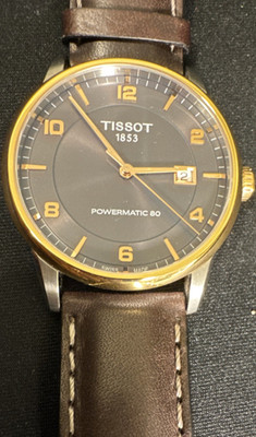 Tissot Powermatic 80 Automatic Gold Watch Brown Leather Strap Black Dial