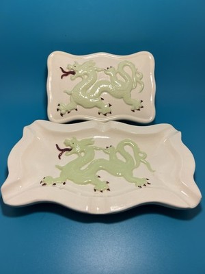 Vintage Klein Co Embossed Ceramic Dragon Trinket Box & Ashtray