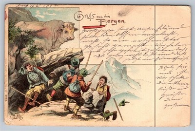 1904 Swiss Alps Postcard PONTRESINA Gruss aus den Bergen Bull Chase Humor