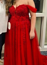 Red Off-Shoulder Formal Gown with Lace and Sequin Embellishments