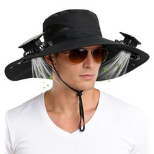Solar Panel Powered Fan Built in Wide Brim Outdoor Fishing One Size, Black