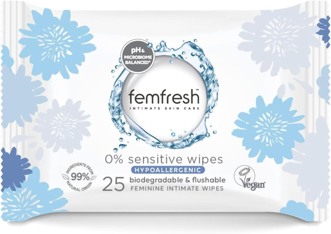 Femfresh 0% Sensitive Intimate Wipes - Gentle pH Balanced Feminine Wipes 25 Pack