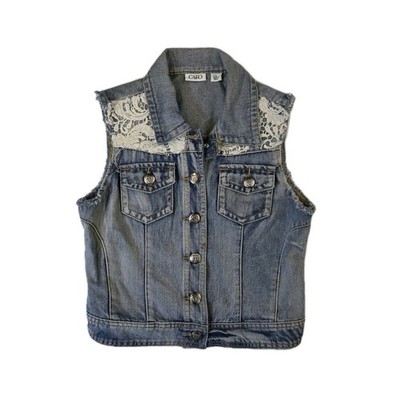 Cato Denim Vest Small Distressed Blue Jean Ivory Lace Cat Buttons Boho Western
