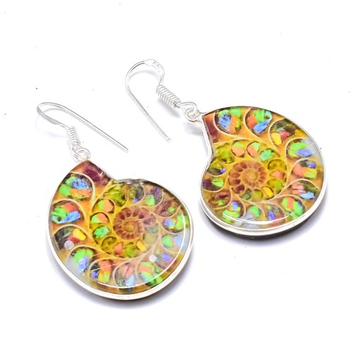 Ammonite Fossil Handmade 925 Sterling Silver Jewelry Dangle Earring Size-2.25"