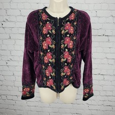Coldwater Creek Purple Velvet Floral Embroidered Full Zip Jacket Small S