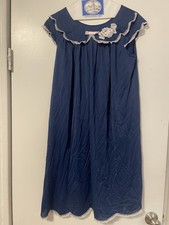 Vintage 60s SHADOWLINE Navy Blue BABYDOLL Gown Bow Collar Medium 38-40 bust