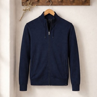 BRAX Navy Blue Full Zip Mock Neck Knit Sweater Solid Mens Size 56 (3XL)