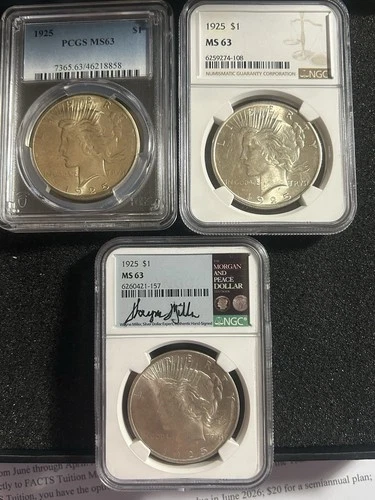 LOT OF (3) 1925 MS63 PEACE DOLLARS 1 SIGNED BY WAYNE MILLER 90% SILVER 🔥🔥📈📈