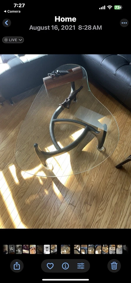 Mesa de centro estilo Noguchi mesa auxiliar de vidrio 19 mm de grosor triángulo base de madera de vidrio Foto 4 de 4