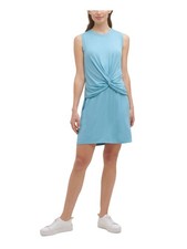 CALVIN KLEIN Womens Blue Stretch Twist Front Sleeveless Mini Sheath Dress 2