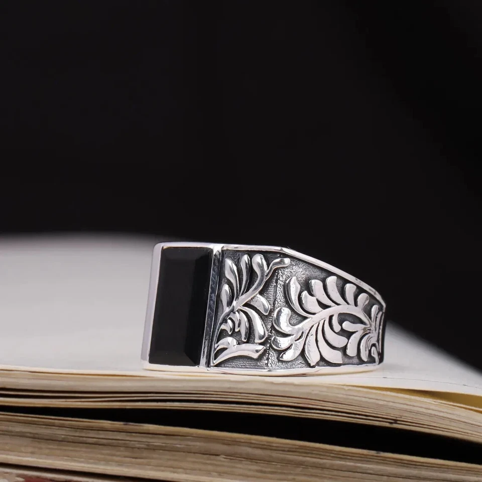Onice Nera Anello, Uomo 925 Argento Sterling,Anello Sigillo,Natura Anello,Regalo - Immagine 3 di 4