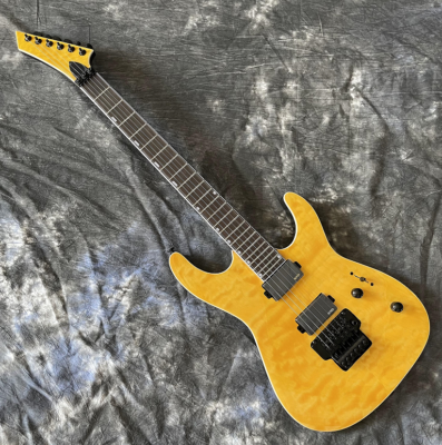 Modern Electric Guitar Yellow Quilted Maple Top Tremolo Bridge 24 Modern Electric Guitar Yellow Quilted Maple Top Tremolo Bridge 24