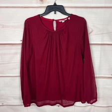 Boden Top Womens US 10 Red Swiss Dot Blouse Long Sleeve Woven Knit Pullover