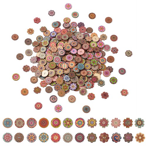 300pcs Printed Wooden Buttons 2-Hole Mixed Pattern Colorful Flower Sewing 20mm - Picture 3 of 9
