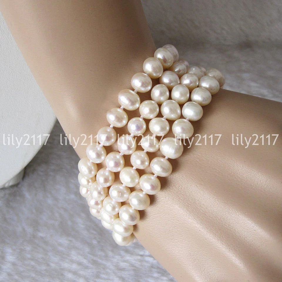 Brazalete de perlas blancas de agua dulce del Mar del Sur genuino natural 4 filas 6-8 mm 8" Foto 3 de 3